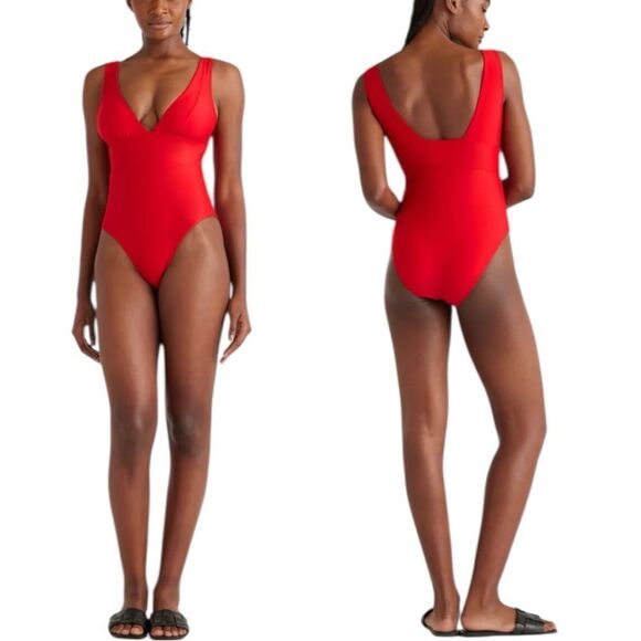 🔆Final Sale🔆 NWTs Quince Italian Plunge One-Piece Swimsuit in Cherry Red Size L - Picture 1 of 6